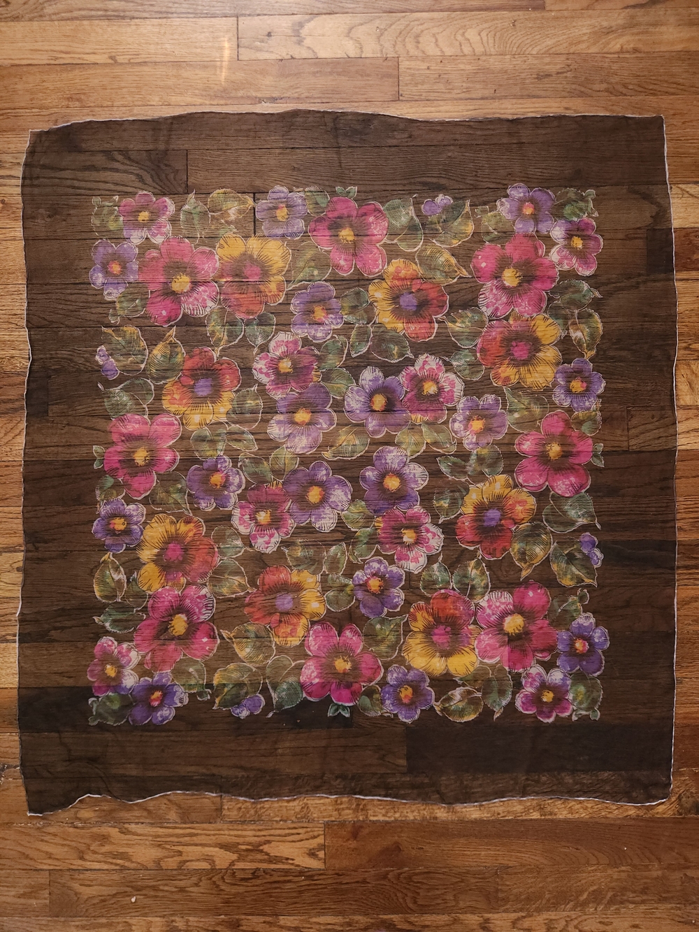Vintage Sheer Floral Square Scarf Black Multicolor 34" Hand-Rolled Hem